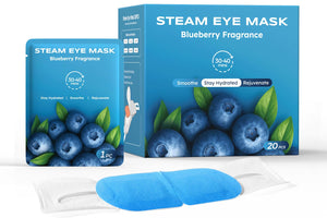 20-pack of Blueberry-scented steam eye masks in vibrant purple packaging – a relaxing heated eye treatment for spa gifts and party favors.