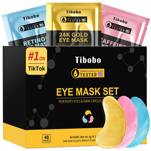 Pack of 48 pairs of gold under-eye patches with caffeine and retinol for anti-aging and de-puffing.