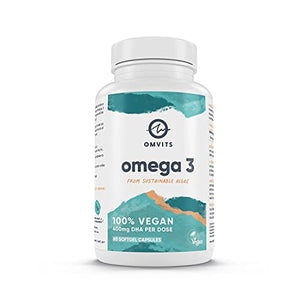 Omvits Vegan Omega 3 DHA from Algae Oil 1000mg - 60 Softgel Capsules with Vitamin E