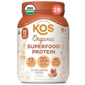 KOS Organic Vegan Protein Powder with 50mg Caffeine, Salted Caramel Coffee