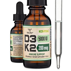 Vitamin D3 K2 5,000 IU Liquid Drops (5,000 IU of D3 and 200mcg of 99.9% All-Trans