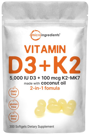 Micro Ingredients Vitamin D3 5000 IU Plus K2 (MK-7) 100 mcg, 300 Virgin Coconut Oil Softge