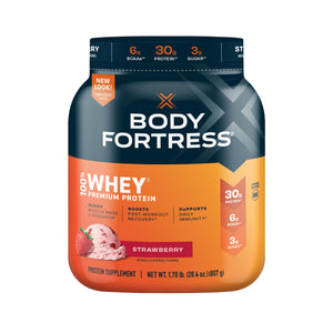 Body Fortress 100% Whey, Premium Protein Powder, Strawberry, 1.78lbs Packaging May