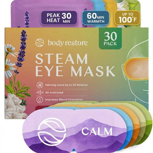 Body Restore 30-pack variety collection of self-heating warm compress eye masks for dry eye relief and relaxation.