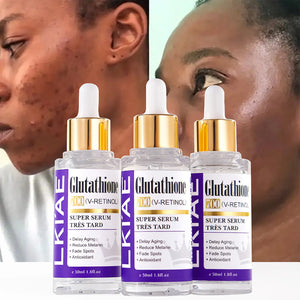 Three bottles of LKAE Glutathione serum with close-up shots of a woman's face with skin issues.