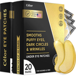 Celor Under Eye Patches 40-pair jar with gold hydrogel masks for eye wrinkles and puffiness.