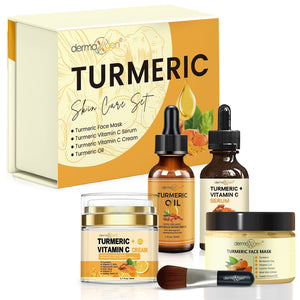 DERMAXGEN 4-piece Turmeric Complete Set including facial mask, serum, moisturizer, and cleanser for a clear, radiant complexion.