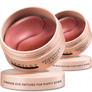 DRMTLGY Brightening Eye Masks 2-pack showing 120 biodegradable hydrogel patches with Caffeine and Peptides.
