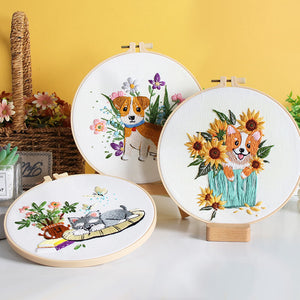 dog floral embroidery kit diy cotton fabric needlework beginner craft set