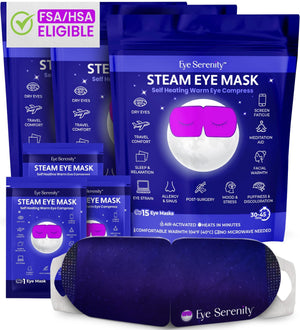 A 45-pack of Eye Serenity unscented steam eye masks, showing the self-heating disposable patches for eye relaxation.