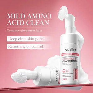 Sadoer cleanser foam with applicator on a pink background