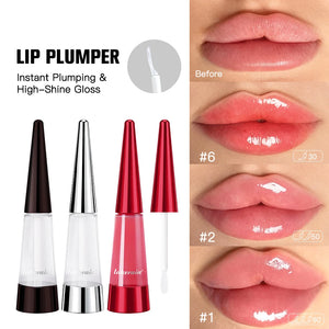 Lip plumper with three different shades shown on lips.