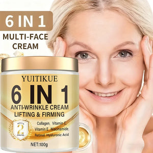 Yuitikue 6-in-1 anti-wrinkle cream jar with a woman applying cream to her face.