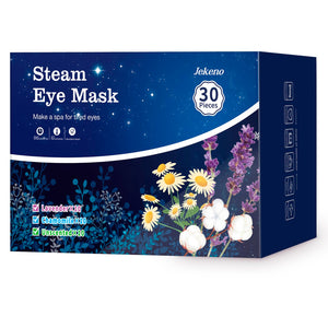 Jekeno 30 Packs Steam Eye Mask bulk box, featuring disposable self-heating warm compress masks for 1-hour eye relaxation.