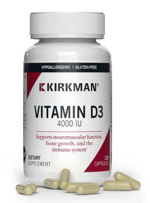 Kirkman Vitamin D3 4000 IU vegetarian capsules 120 count supplement bottle