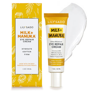 LILY SADO MILK+MANUKA™ Eye Repair Cream bottle, featuring a natural blend of Coconut Milk and Manuka Honey for under-eye wrinkle and puffiness repair.
