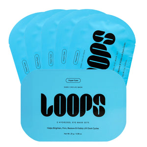LOOPS Hyper Smooth Eye Hydrogel Masks packaging, featuring the textured hydrogel patches designed to brighten dark circles and smooth the under-eye area.
