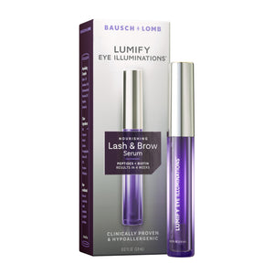 LUMIFY Eye Illuminations Lash & Brow Serum bottle with applicator, focusing on the nourishing formula for thicker lashes and eyebrows.