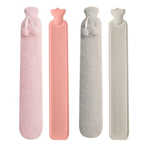 Four textured hot water bottles in pink, coral, gray, and beige on a white background.