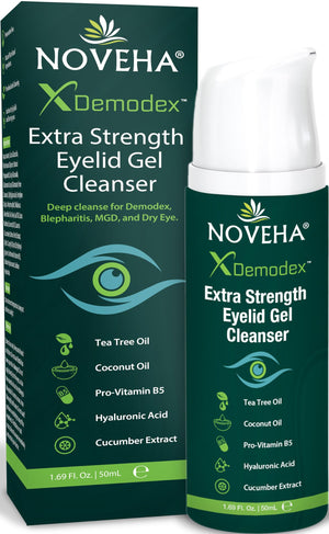 NOVEHA demodex extra strength eyelid gel cleanser with tea tree oil and hyaluronic acid for dry eye and eyelid hygiene 50ml