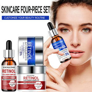Skincare four-piece set with Retinol and Collagen Complex products and a woman holding one of the bottles.