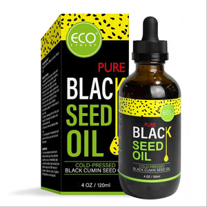 Bottle and packaging of Eco Finest Pure Black Seed Oil on a white background