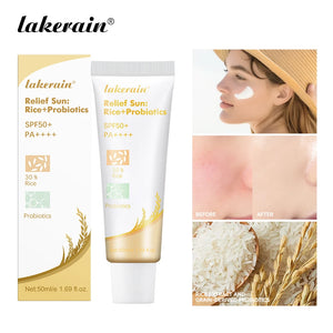 Lakerain Relief Sun: Rice+Probiotics sunscreen tube and packaging with before and after effects on skin.