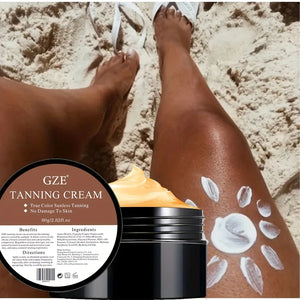 GZE tanning cream with application on skin against a sandy background