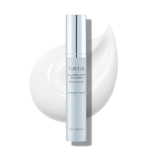 TIRTIR Collagen Lifting Eye Cream tube with metal roller applicator for wrinkle spot treatment and under eye lifting.