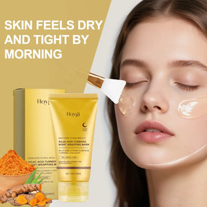 Hoygi skincare product with a woman applying a mask and text about skin dryness.