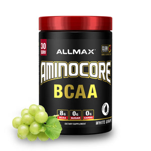 ALLMAX AminoCore BCAA powder white grape sugar free amino acids B vitamins muscle recovery endurance 30 servings supplement
