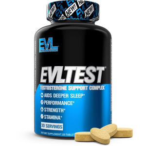 EVL Test testosterone booster capsules men post workout recovery DIM D-Aspartic Acid Tribulus muscle strength hormone support bottle