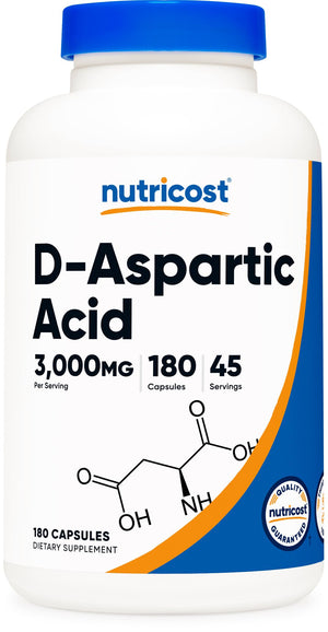 Nutricost D-Aspartic Acid DAA capsules 3000mg men testosterone support amino acid energy workout performance non GMO 180 capsules bottle