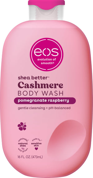 Pink bottle of eos Cashmere Body Wash with pomegranate raspberry scent on a white background