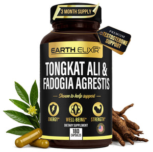 Earth Elixir Fadogia Agrestis Tongkat Ali capsules men women energy strength vitality testosterone support USA made third party tested 3 month supply bottle