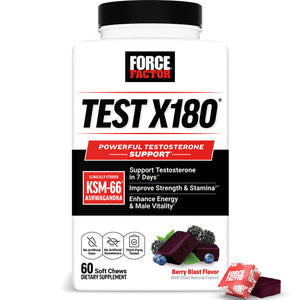 Force Factor Test X180 testosterone support soft chews men KSM-66 Ashwagandha Boron Vitamin D Zinc berry blast 60 chews bottle