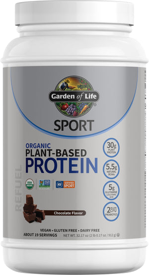 Garden of Life vegan protein powder chocolate organic plant based protein probiotics BCAA NSF certified sport 19 servings supplement