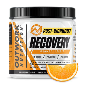Outwork Nutrition post workout recovery powder orange sherbet creatine ashwagandha tart cherry muscle recovery supplement 230g