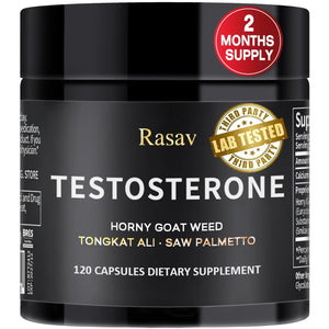 Rasav testosterone booster capsules men Horny Goat Weed Tongkat Ali energy stamina strength muscle growth performance 120 capsules bottle