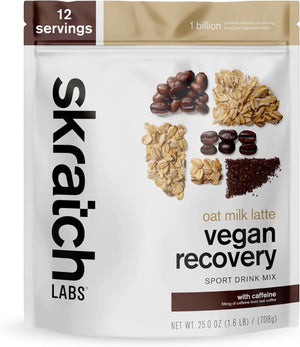 Skratch Labs oat milk latte recovery drink plant protein probiotics caffeine post workout powder 12 servings