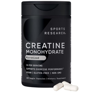 Sports Research creatine monohydrate capsules 5g vegan non GMO muscle strength recovery supplement 30 servings