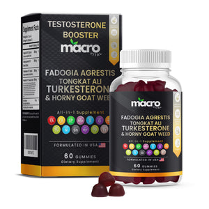Testosterone booster gummies for men with Tongkat Ali, Maca Root, Tribulus, Turkesterone and Horny Goat Weed supporting energy, libido and muscle performance