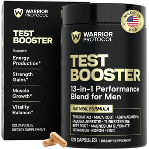 Testosterone booster supplement for men with Ashwagandha and Tongkat Ali supporting muscle growth, strength, stamina, libido and performance