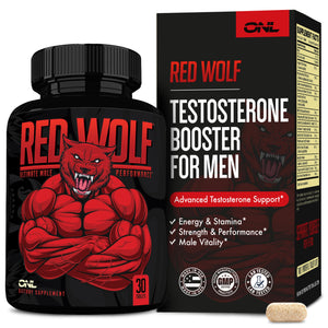 Red Wolf testosterone booster capsules men Tongkat Ali Maca Horny Goat Weed energy vitality muscle growth fertility support 1 month supply bottle