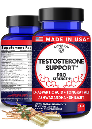 Lunakai testosterone booster capsules men Tongkat Ali Ashwagandha Shilajit energy strength stamina performance USA made 60 capsules bottle