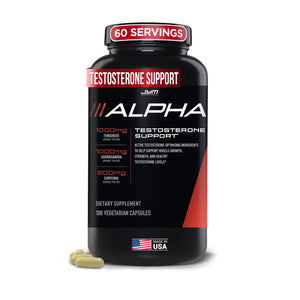 Alpha JYM testosterone support capsules men Ashwagandha Fenugreek Tongkat Ali DIM Damiana Quercetin energy vitality performance 180 vegetarian capsules bottle