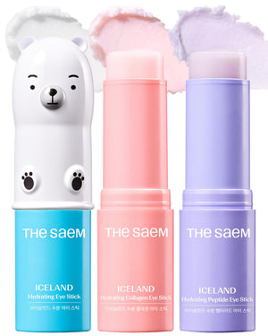 theSAEM Iceland Eye Stick Bundle featuring three specialized formulas: Collagen (Purple), Peptide (White), and Hydrating (Blue) for a total eye transformation.