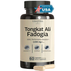 Tongkat Ali Fadogia Agrestis 1200mg capsules men nitric oxide booster testosterone support energy stamina performance USA made 60 capsules bottle