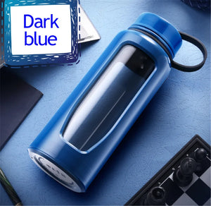 Dark blue water bottle with a clear window on a blue surface
