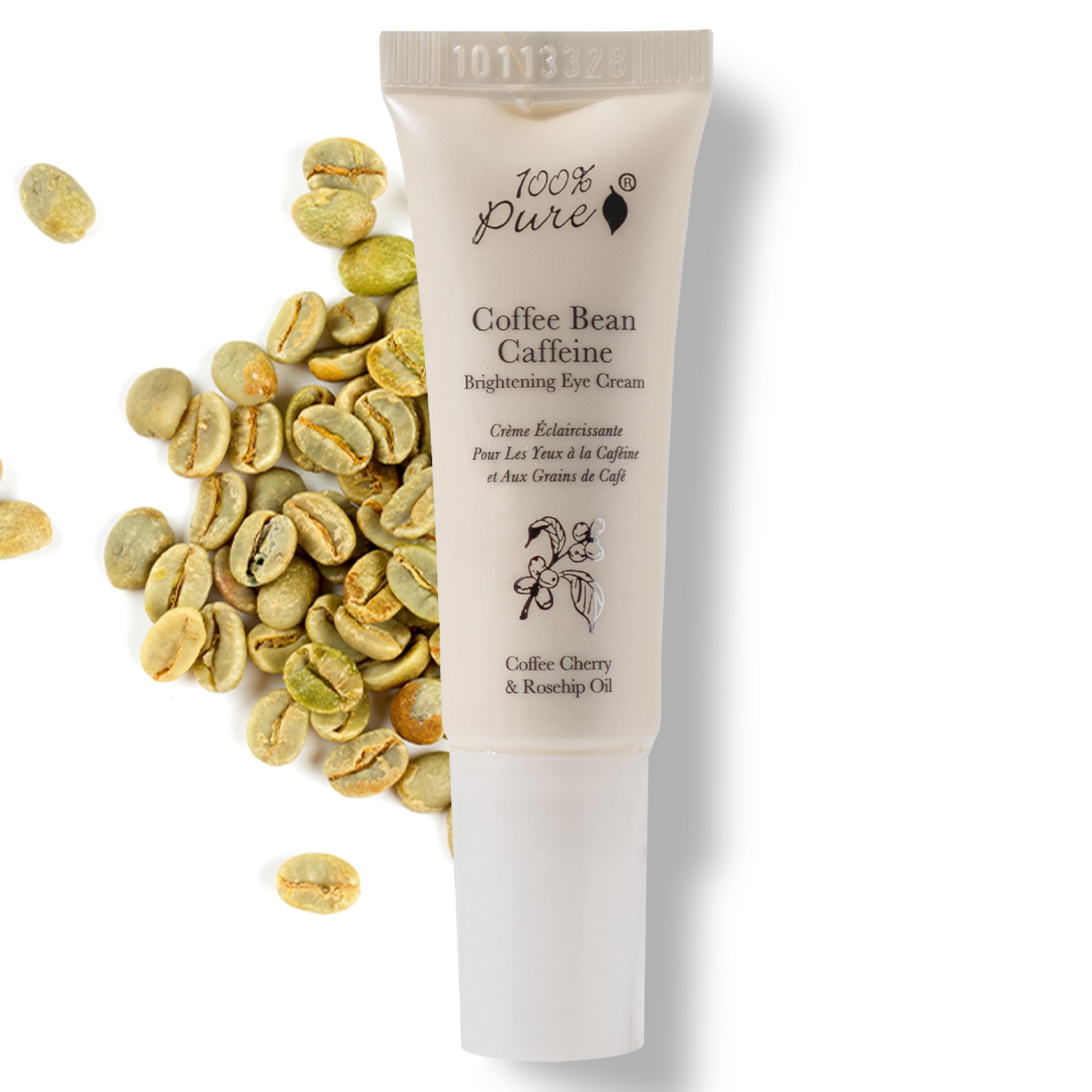 100% PURE Coffee Bean Caffeine Eye Cream tube, highlighting its 100% natural and vegan ingredients for vibrant, youthful eyes.